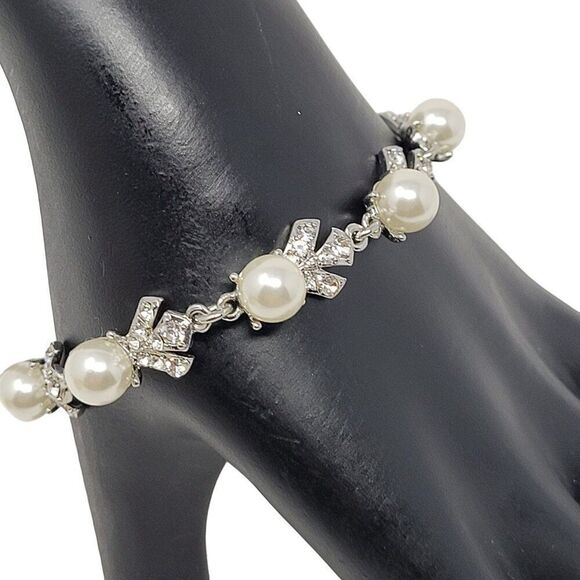 Charter Club Women's Bolo Slide Bracelet Silver Tone Faux Pearl Rhinestone - Picture 9 of 9
